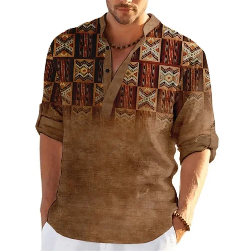 Tribal Ethnic Style 3D Print Vintage Henley Shirts Men's Casual Fashion Stand Collar Long Sleeve Shirt Tops Blouse Man Clothing