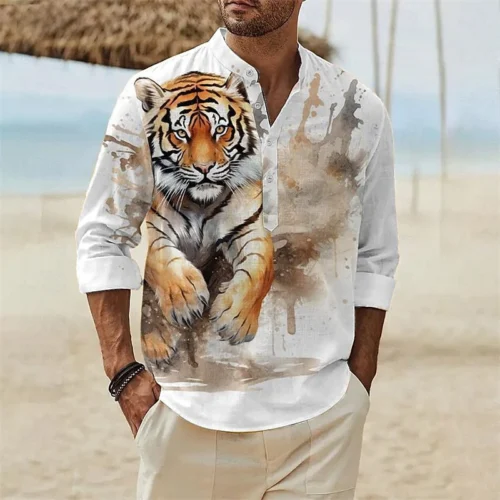 Autumn Animal Tiger 3D Print Henley Shirts Men's Fashion Oversized Stand Collar Long Sleeve Shirt Male Tops Blouse Man Clothing