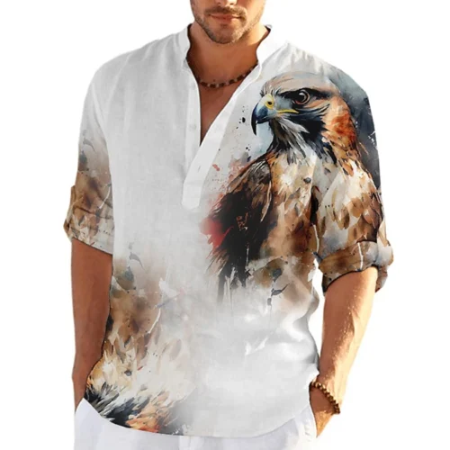 Animal Eagle 3D Printed Henley Shirts Men's Fashion Streetwear Oversized Stand Collar Long Sleeve Shirt Tops Blouse Man Clothing