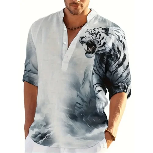Animal Tiger 3D Printed Henley Shirts Men's Fashion Streetwear Oversized Stand Collar Long Sleeve Shirt Tops Blouse Man Clothing