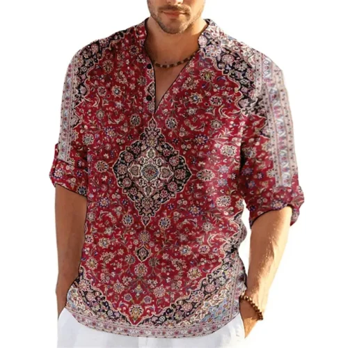 Autumn Flower 3D Print Luxury Henley Shirts Men's Fashion Vintage Floral Stand Collar Long Sleeve Shirt Tops Blouse Man Clothing