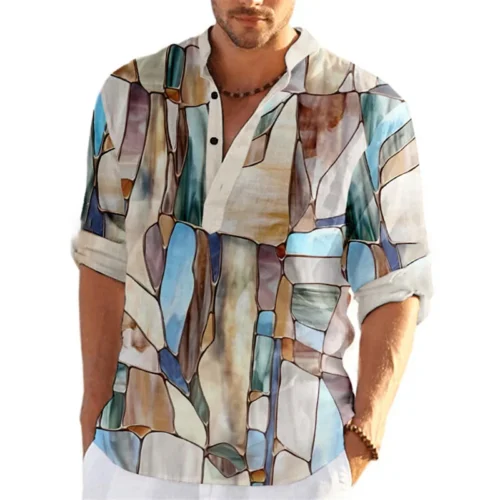 Abstract Color Block 3D Printed Henley Shirts Men's Streetwear Oversized Stand Collar Long Sleeve Shirt Tops Blouse Man Clothing